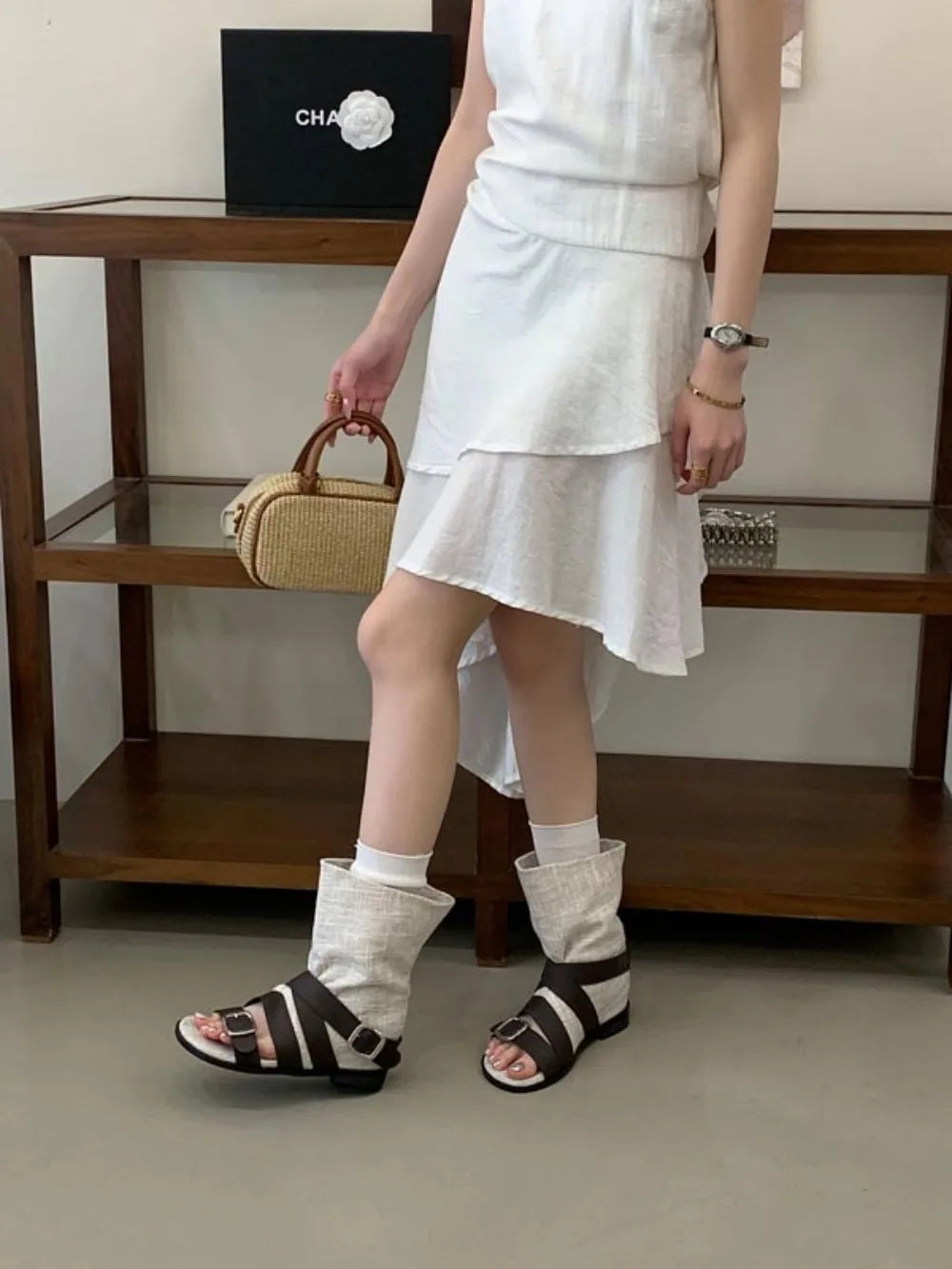 Women's French Roman Style Belt Buckle High Top Sandals Summer New Retro Motorcycle Gladiator Ankle Sandals Boots New Summer