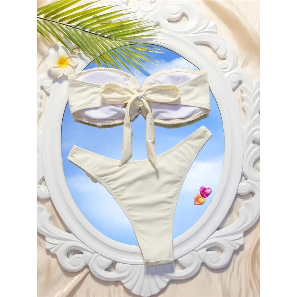 New 3D Flowers Bandeau High Leg Cut Bikini Female Swimsuit Women Swimwear Two-Pieces Bikini Set Bather Bathing Suit Swim V6225