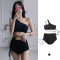 Sexy Korean Fashion One Shoulder Crop Top Mujer Black Drawstring Shorts Bottoms Bikinis Sets Two Pieces Swimsuit Padded Swimwear
