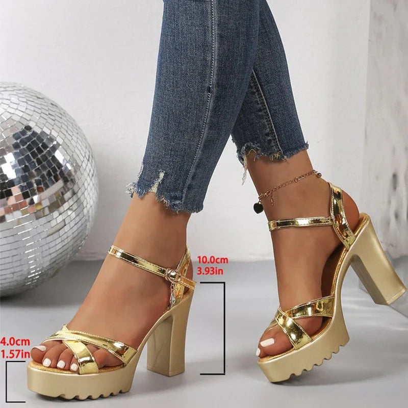 Summer Luxury Diamond Buckle Strap Women's Pumps Square Heel Solid Pumps Shoes Women Fashion Pu Platform High Heels Female