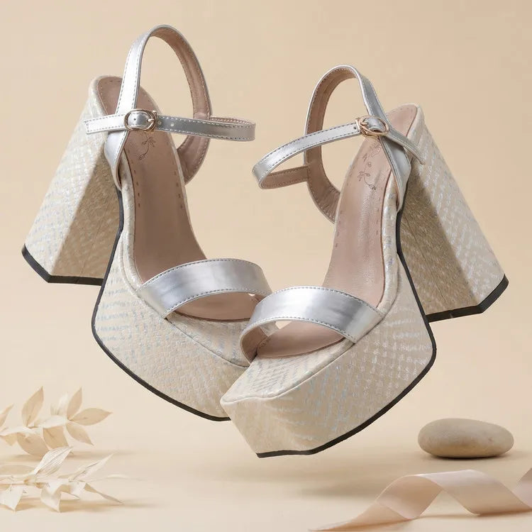 Silver Women Sandals Square Toe 12.5cm High Heel 4.5cm Platform Buckle Strap Large Size 43 44 45 46 Sexy Dating Shoes