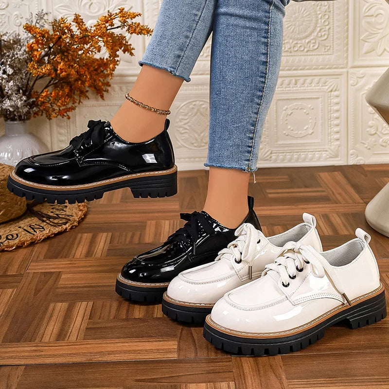 Ladies Office Oxford Shoes Fashion Lace Up Round Toe Platform Shoes Women British Style Patent Leather Student Shoes Woman 43