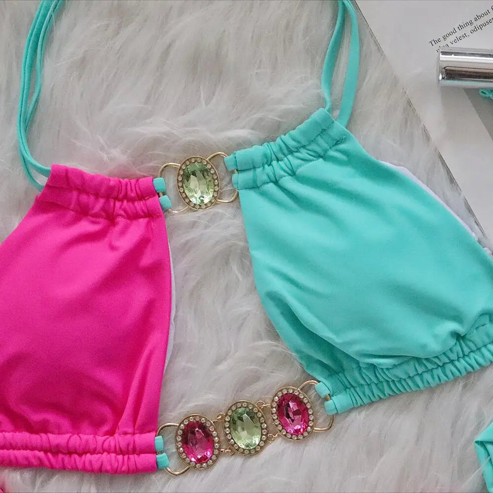 Leopard Diamond Bikini 2026 Women Hollow out Swimsuit Female Swimwear Two Pieces Bikini Set Halter Bather Bathing Suit Swim Lady