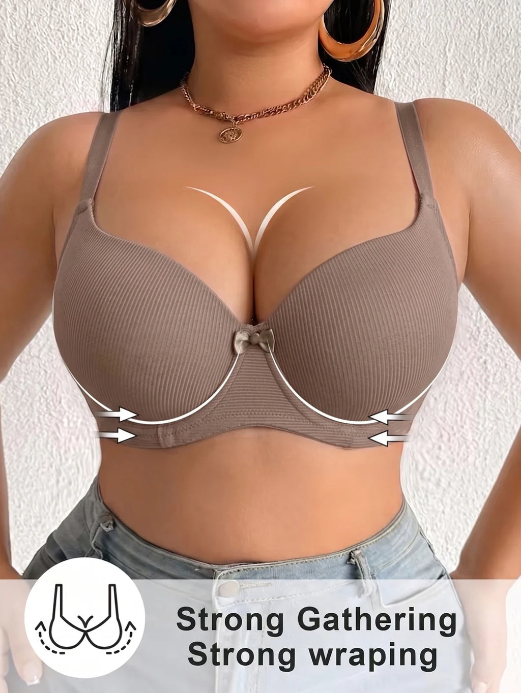Plus Size Women's B C D Thin Cup Ribbed Push Up Bra Wide Straps Underwire Side gather Lingerie Comfort Ladies Brassiere