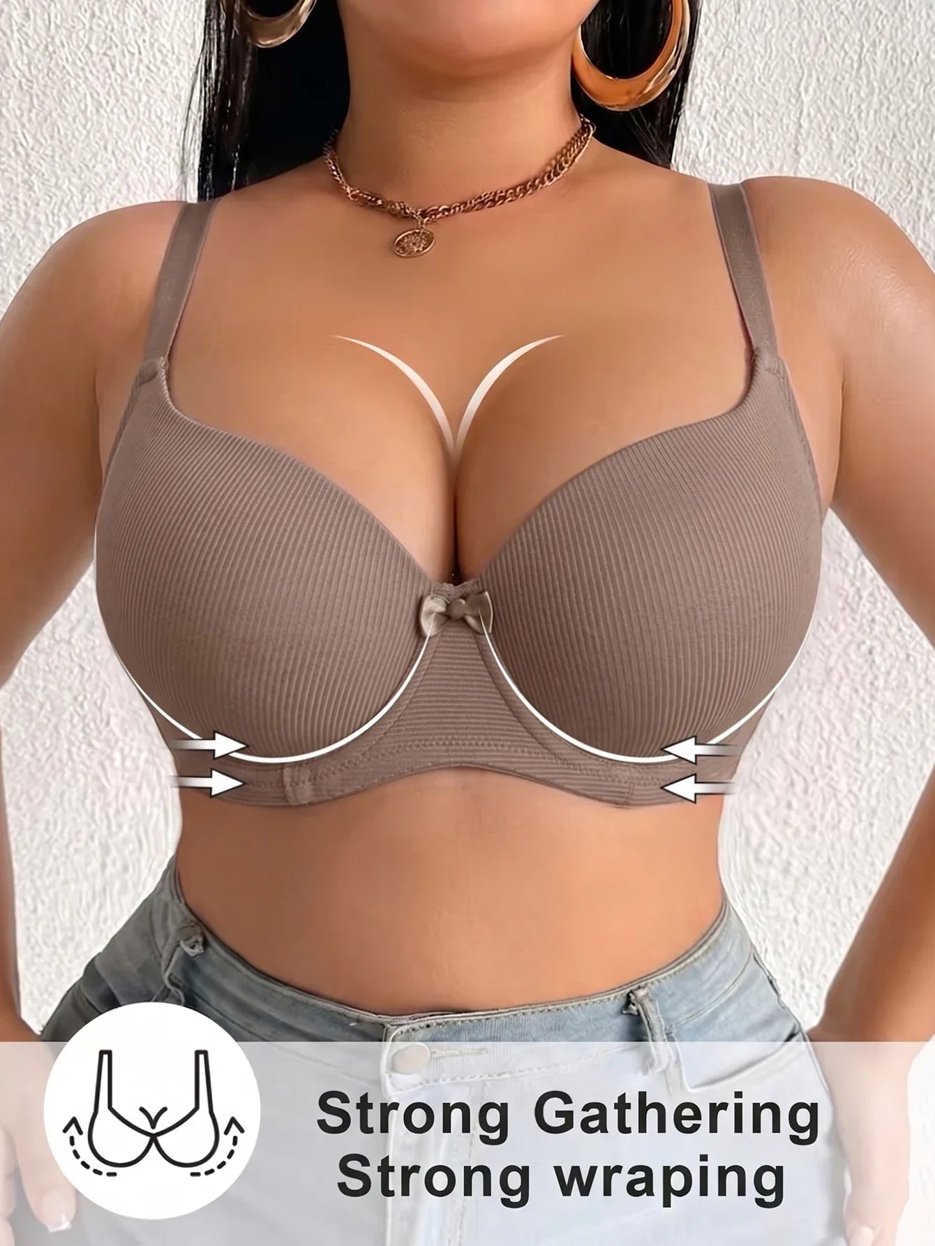 Plus Size Women's B C D Thin Cup Ribbed Push Up Bra Wide Straps Underwire Side gather Lingerie Comfort Ladies Brassiere