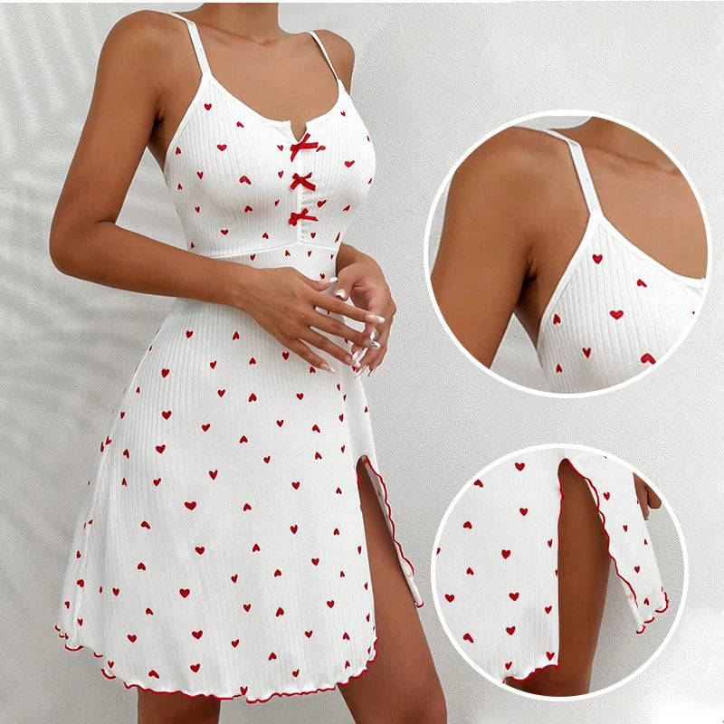 Summer Nightgown Women's Sleepwear Sexy V-Neck Heart Print Slit Front Dress Homewear Comfort Pajama Night Dress Nighties