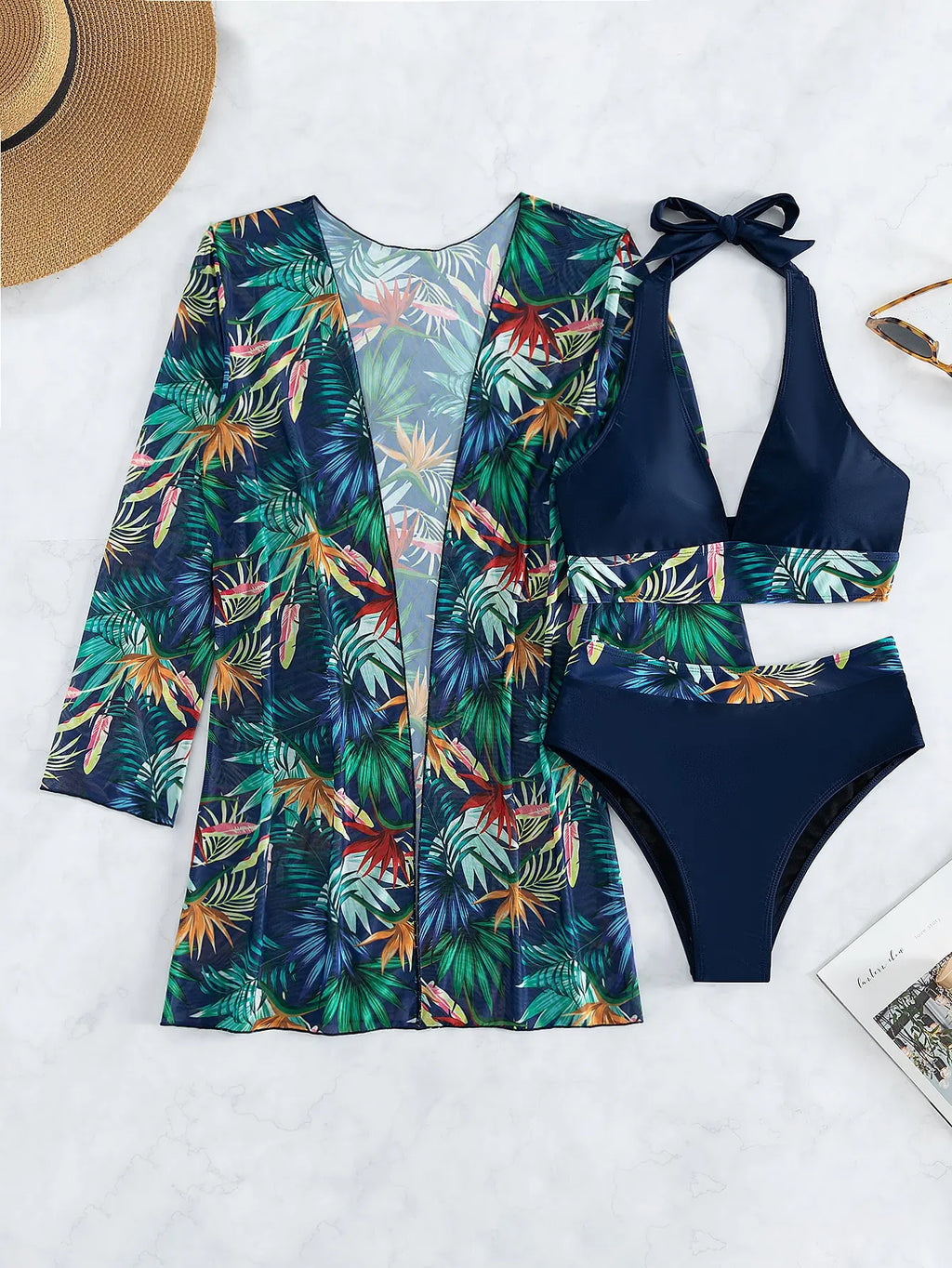 Halter Print Bikini 2026 Women Swimsuit With Kimono High Waist Swimwear Female Bathers Bathing Swimming Swim Suit Beachwear