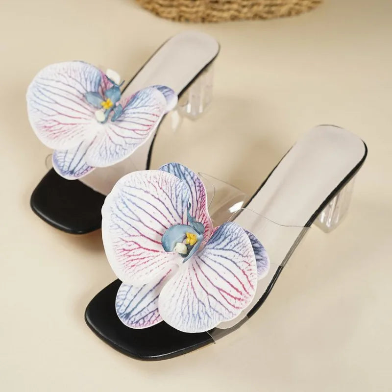 Fashion Flower Women Thin Heels Sandals Slides Shoes Female Square Toe Footwear Ladies High Heels Sandals Shoes Pumps