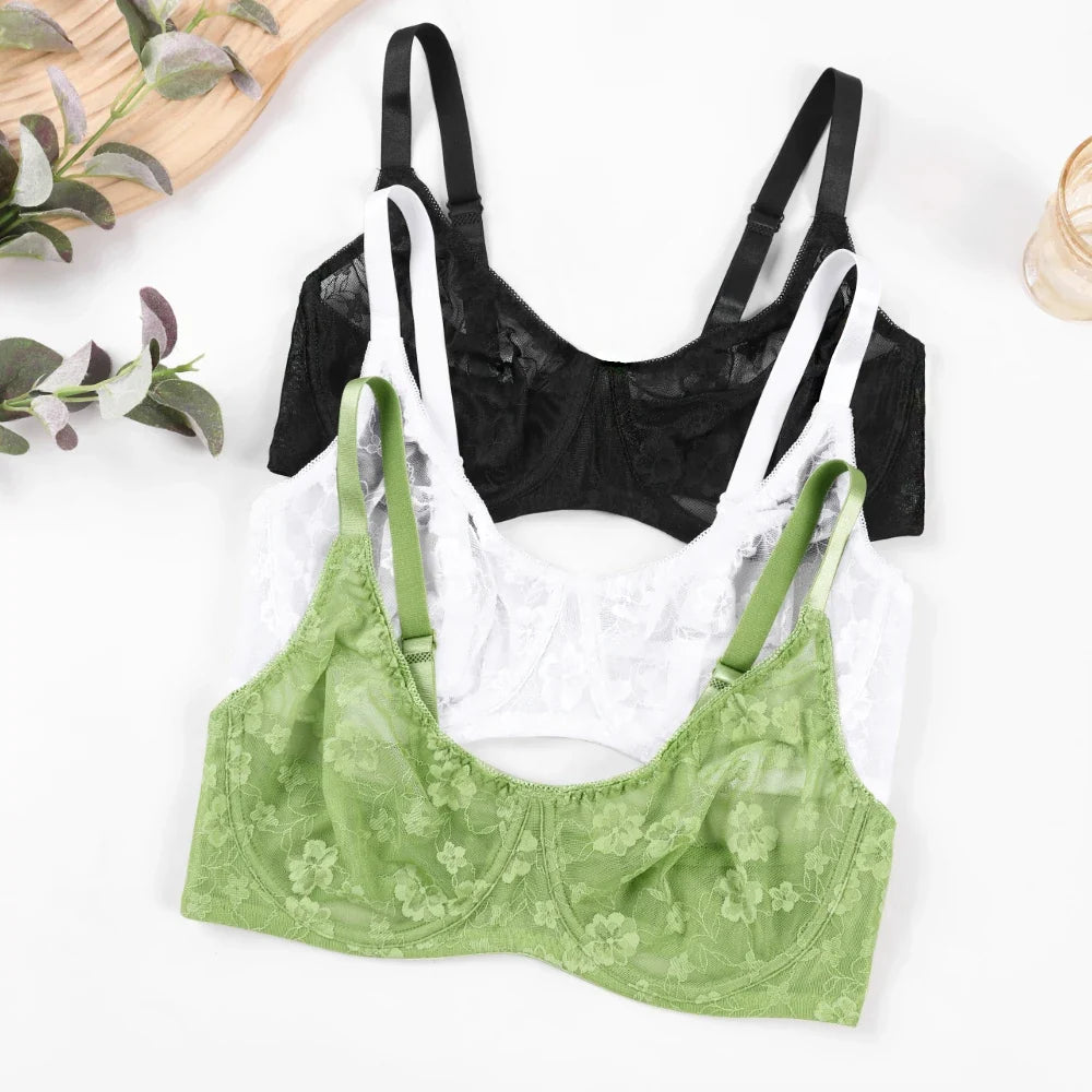 3 Pcs Women's Bra Elegant Retro Lace Sheer Unpadded Sexy Lingerie BH Tops Flower knitting Brassiere Underwire Plus Size Bras