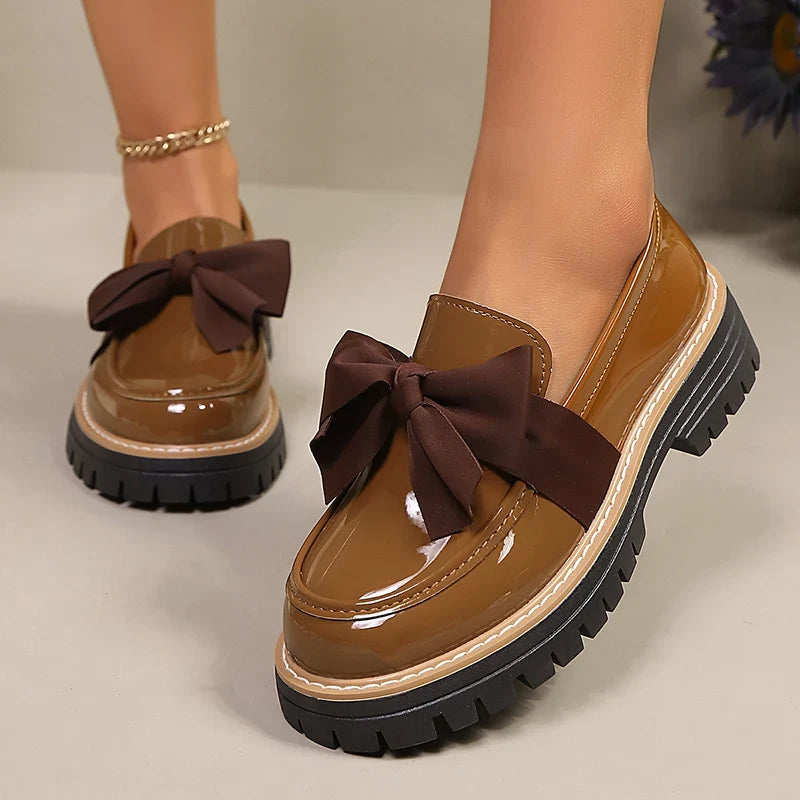 Fashion Bowknot Brown Loafers for Women 2026 Autumn Slip On Patent Leather Shoes Woman Comfort Plus Size 43 Platform Loafers
