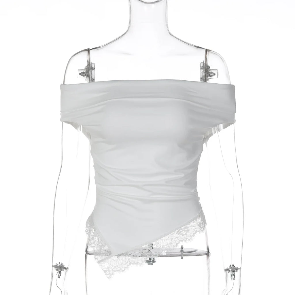 FDYOUI Woman Clothing Slash Neck T-shirts 2026 Summer Sleeveless Lace Patchwork White T Shirt Y2K Girls Irregular Corset Tee Top