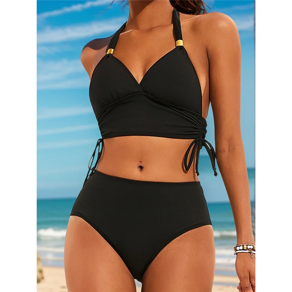 S - XXL 2026 Ribbed Halter Mid Waist Bikini Female Swimsuit Women Swimwear Two-Pieces Bikini Set Bather Bathing Suit Swim V6447