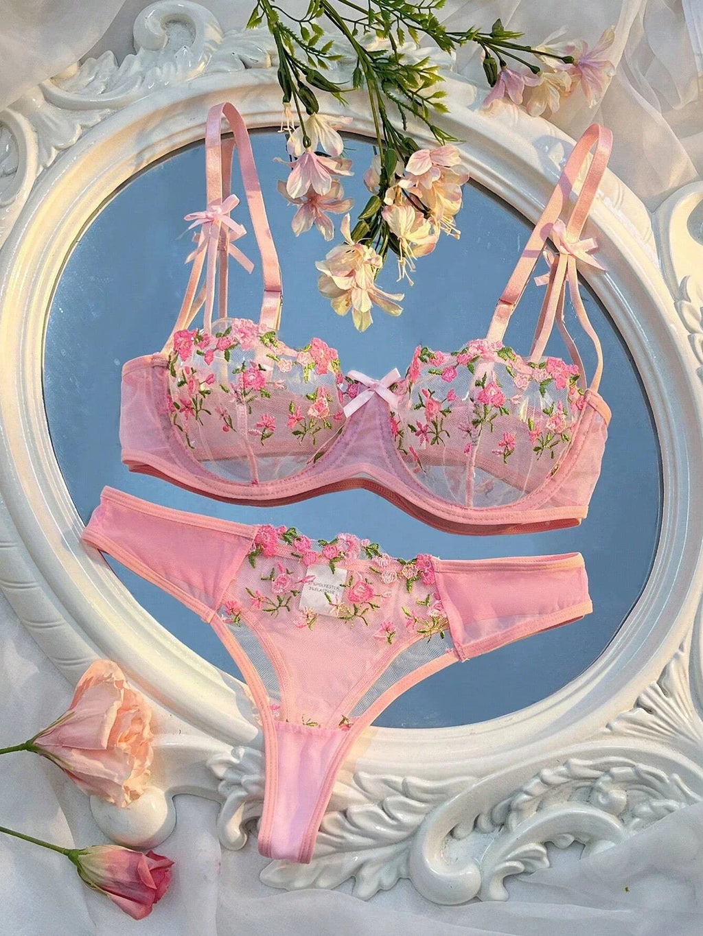 New Pink Transparent Bra Women Sheer Temptation Exotic Sexy Lingerie Set Ladies Embroidery Floral Bras Erotic Underwear Sets