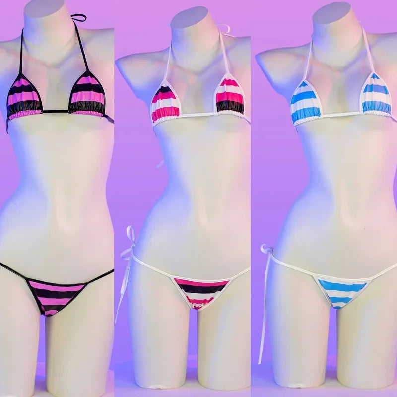 PU Leather Micro Bikini Set Women Swimsuit Japanese Kawaii Stripes Bra Set Sexy Lingerie Underwear Summer Swimwear Costume