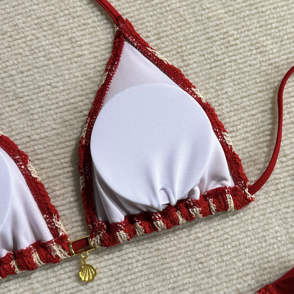 Vintage Red Striped Bikini Set 2026 Women Drawstring Long Panties 3 Piece Swimsuit Beach Holiday Bathing Suit Thong Swimwear