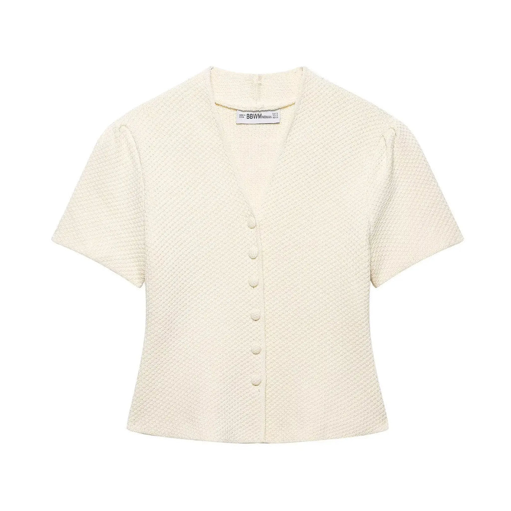 Women's Fashion Casual Structured Knit Jacket Women Beige V Neck Short Sleeve Textured Knit Cardigan Button Front Top Charm 17M0