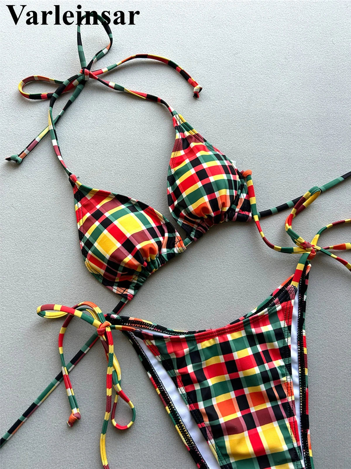 Sexy Plaid Halter Bikini Female Swimsuit Women Swimwear Two-pieces Bikini set High Leg Cut Padded Bather Bathing Suit Swim V7930