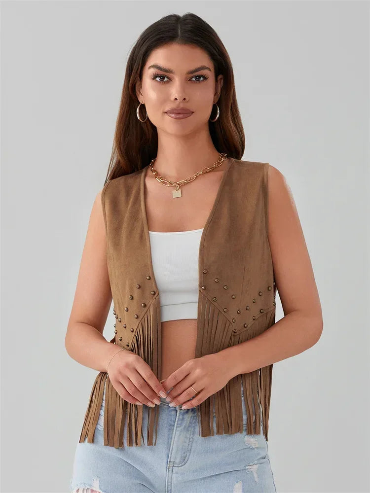 Women Riveted Tassel Vest Coat Sleeveless Cardigan Tops Coat Summer Casual Waistcoat Gilet