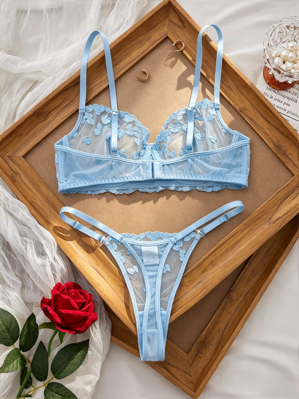 French Style Blue Lace Bra and Panties Set Women Sexy Eyelash Lace Underwear Transparent Mesh Two Piece Lingerie