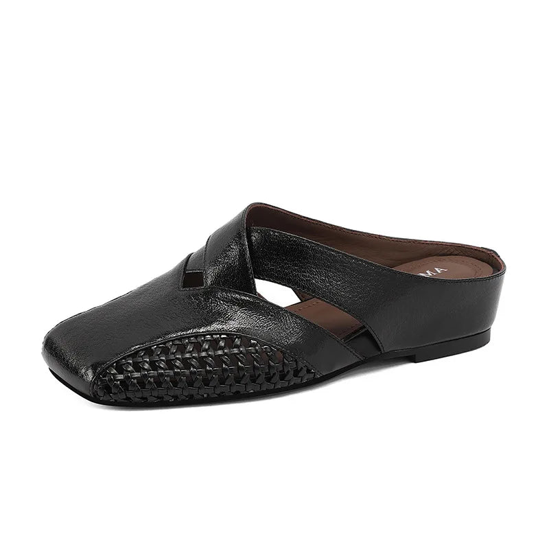 2026Women's Half Slippers Vintage Hollow Woven Square Toe Slides Fashion Versatile Mules Shoes Ladies Daily Sandals Mujer Slides