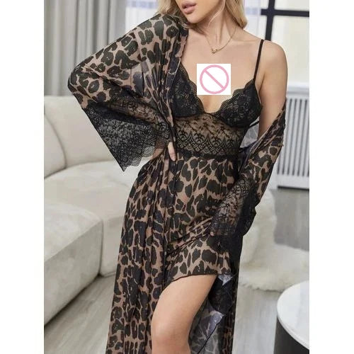 Spring and summer sexy mesh leopard print suspender nightgown with padded nightgown two-piece home wear set