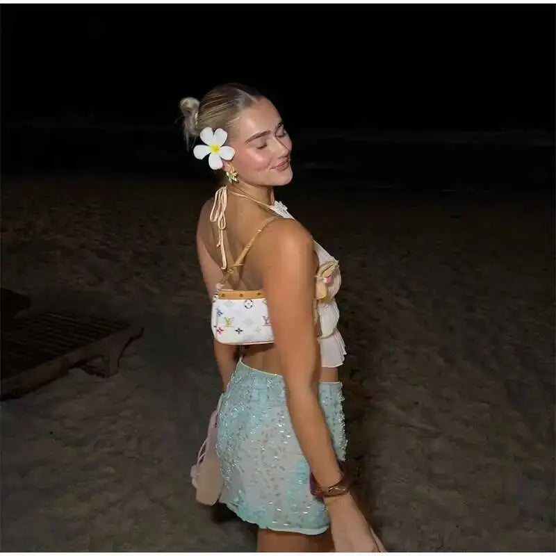 Fashion Floral Sequ Pearl Mini Skirt For Women Summer Vacation Beaded Hip Package Short Skirts Evening Party Lady Beach QH8J