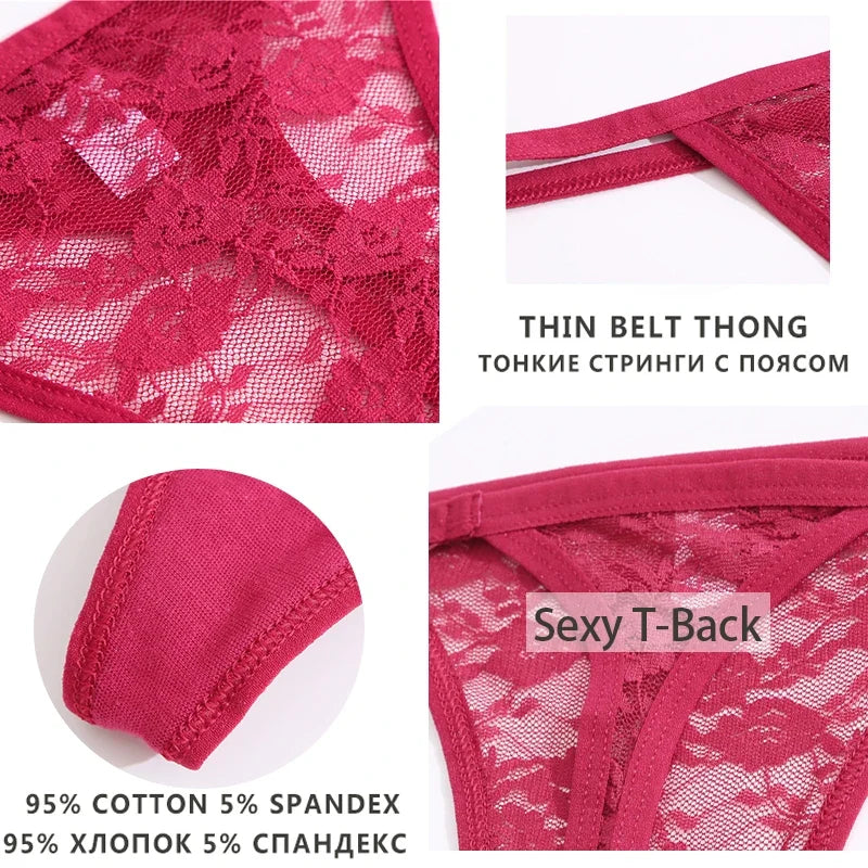 5PCS Sexy Lace Cotton Floral G-String Transparent Thong Seamless Women Low Waist Panties Underwear Solid Color Lingere Intimates