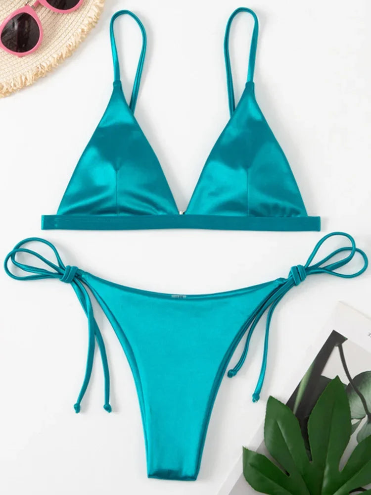 2025 Metallic Satin High Cut Brazilian Bikini Women Swimwear Female Swimsuit Two-pieces Bikini Set Bathing Suit Swim Beach Wear