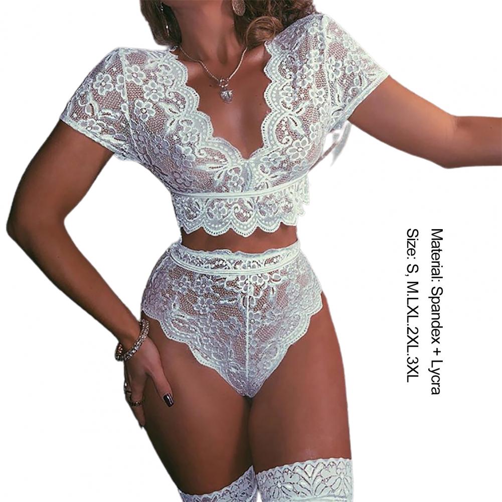 2pcs/set Women Sleepwear Set Underwear Lace Crochet Stitching Nightwear For Daily Wear