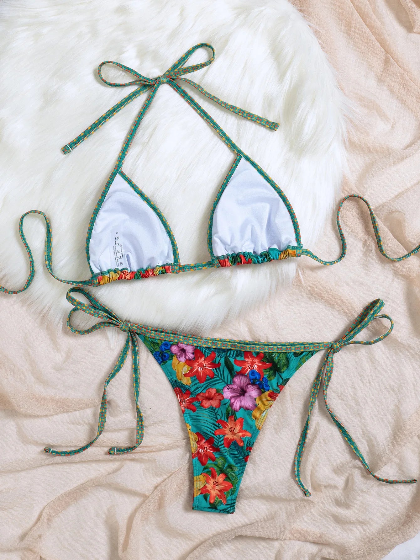 2026 Trendy String Bikini Set Triangle Top Side Tie Bottoms with Metallic Pendant  Solid Color Contrast Trim Women Swimwear