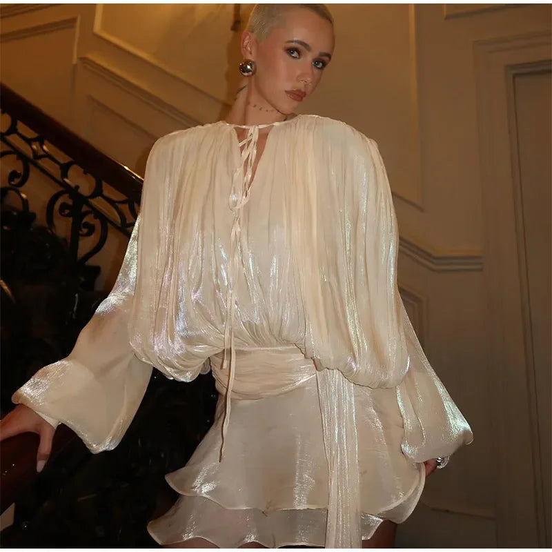 Fashion Solid Mesh Long Sleeved Backless Pleated Prom Dresses Chic Ruffle Bow Lace Up Women Mini Dresses Lady Spring Party Robe