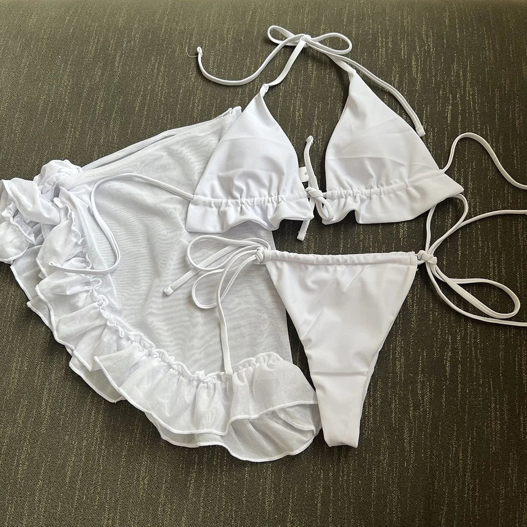 New With Sarong Halter Ruffled Bikini Women Swimwear Female Swimsuit Three-pieces Bikini Set Bather Bathing Suit Swim Lady V4144