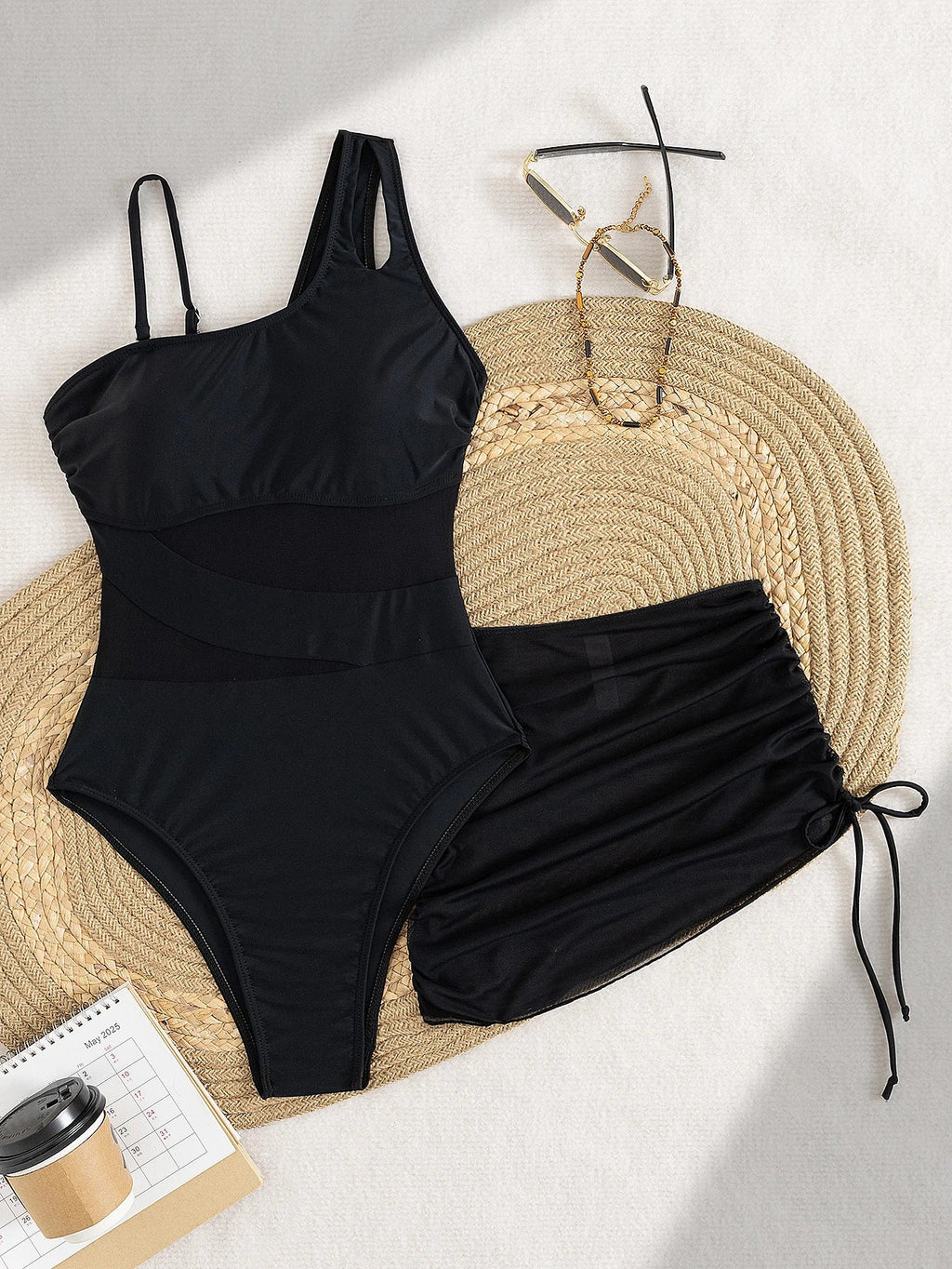 Vintage Black One Piece Swimsuit Skirt Sets Women Sexy One Shoulder Mesh Patchwork Slim Fit Tswimwear 2025 Beach Bathing Suits