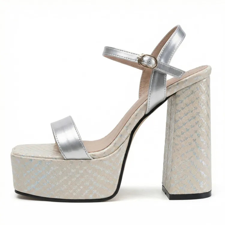 Silver Women Sandals Square Toe 12.5cm High Heel 4.5cm Platform Buckle Strap Large Size 43 44 45 46 Sexy Dating Shoes