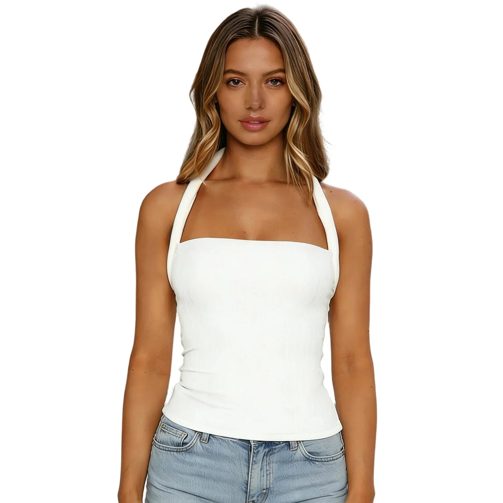 Women Fashion Summer Tank Tops Halter Neck Sleeveless Solid Color/Striped Print Slim Fit Vest