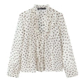 2026 Spring New Women Elegant Loose V Neck Wave Trim Polka Dot Blouse Thin Long Sleeve Top