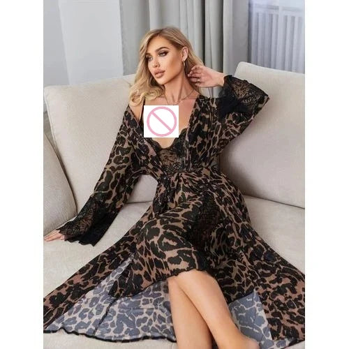 Spring and summer sexy mesh leopard print suspender nightgown with padded nightgown two-piece home wear set