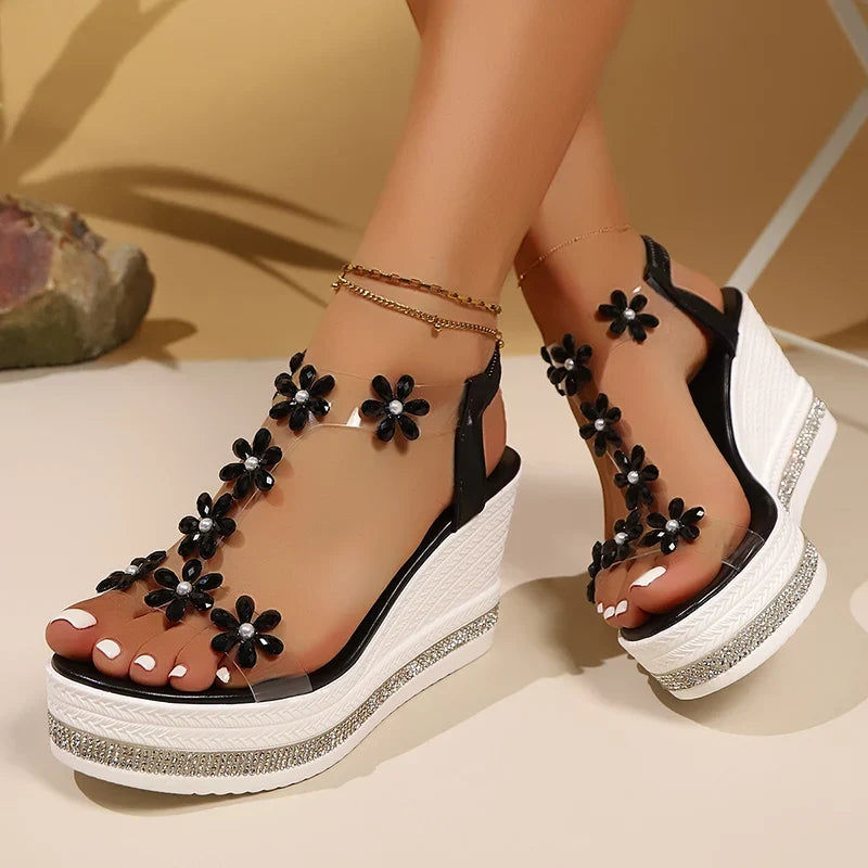 Elegant Rhinestones Flowers Sandals Women Fashion Crystal Chunky Platform Sandles Woman Slip On Wedge High Heels Sandalias Mujer
