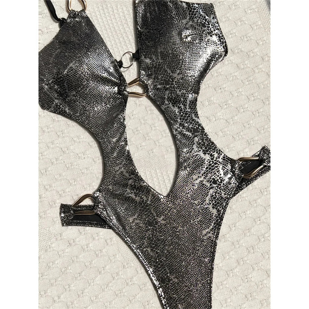 S - XL Snake Skin Deep V Neck Cut Out One Piece Swimsuit Women Swimwear Female Backless Monokini Bather Bathing Suit Swim V7985
