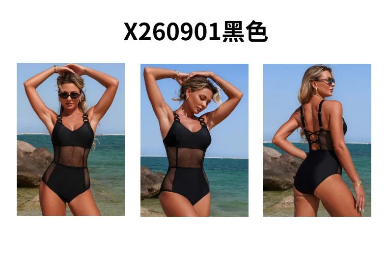 Sexy Black White One Piece Swimsuit 2026 Women Circle Strap Mesh Patchwork Slim Tummy Control Swimwear See Through Bathing Suits