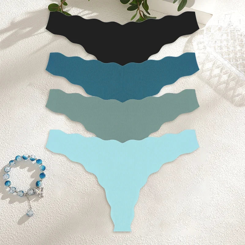 4Pcs Women Seamless Panties Wavy Design Ultra-thin Thongs Women Ice Silk Underwear Sexy Panty Low Waist G-string Female Solid