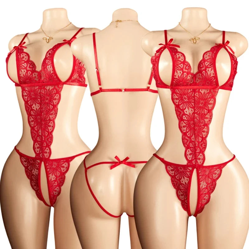 Sexy Red Crotchless Lingerie Open Back Bras BodySuits Transparent Erotic Costumes Deep V  Sexy Lace Fishnet Hollow Underwear Set