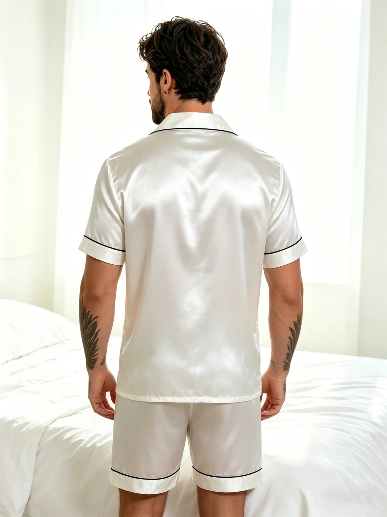 Men Satin Pajama Set Sleepwear for Man Summer Short Sleeve Button-Down Shirt & Shorts Pajamas 2 Piece Home Clothes Short Suit