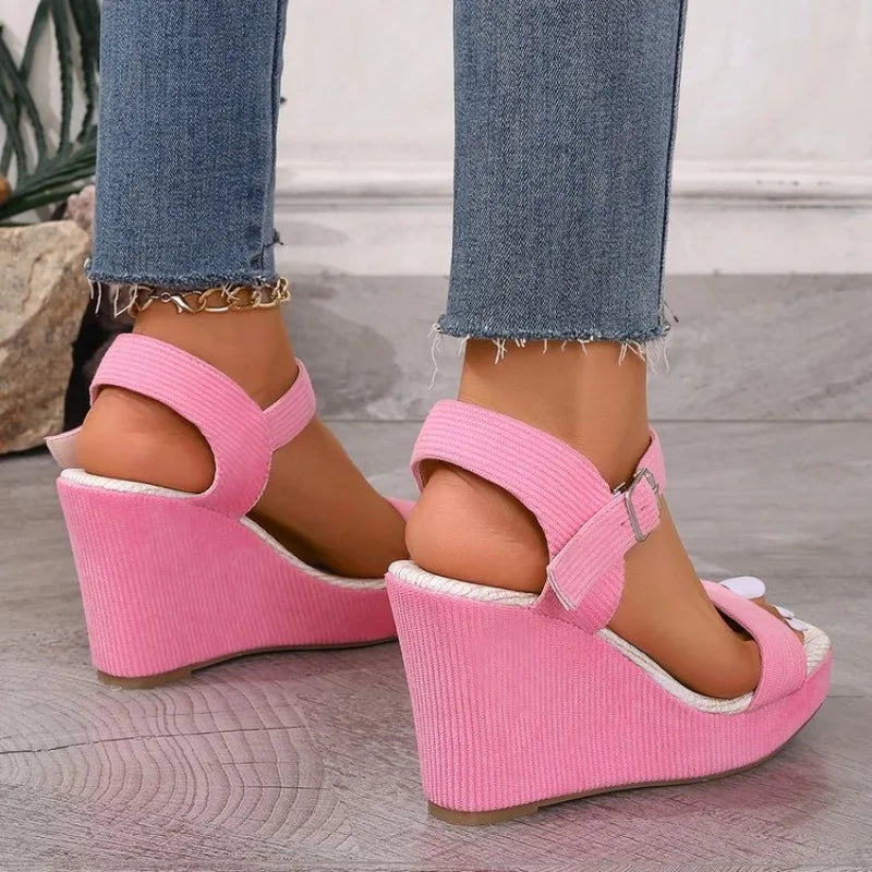 2026 New Platform Wedge Sandals Solid Color Round Headed Square Buckle  High-heeled Sandals