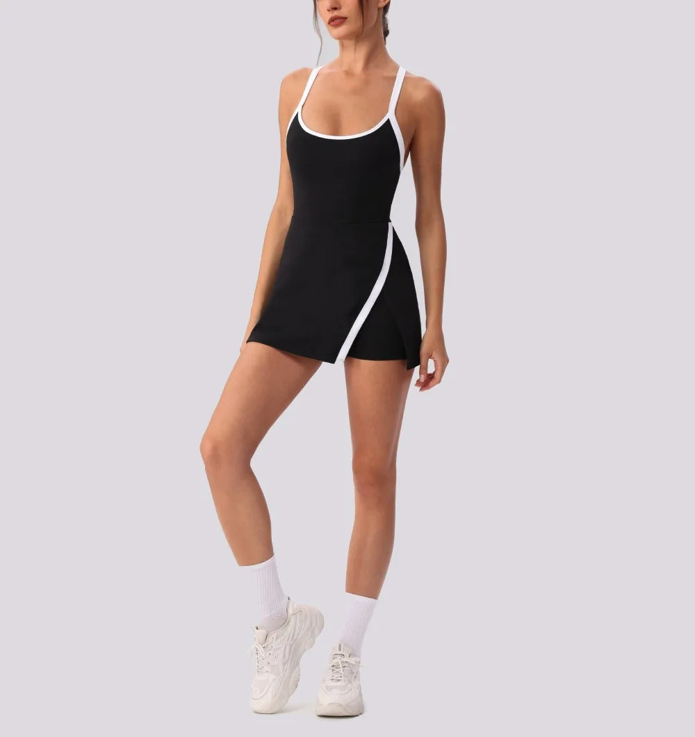 Color Contrast Tennis Dresses Women Beautiful Back Hollow Back Cross Split Skirt Pocket Sports Fitness One-piece Yoga Golf Suit