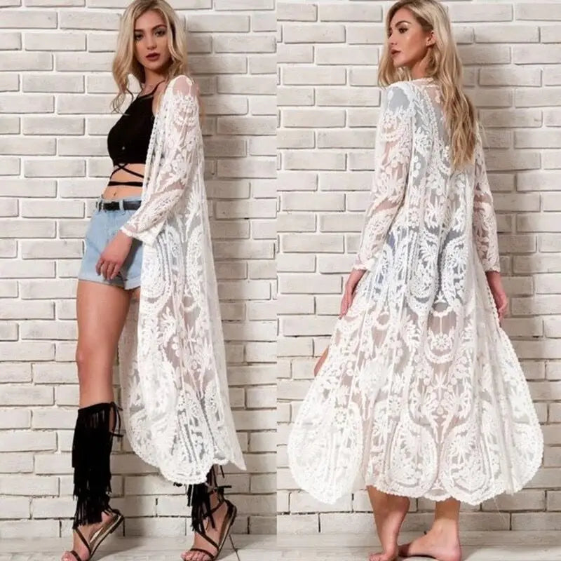 DEKA Women Beach Dress Solid White Lace Beachwear Sun Protection Clothes Knitted Swimsuits Beach Long Cover Up