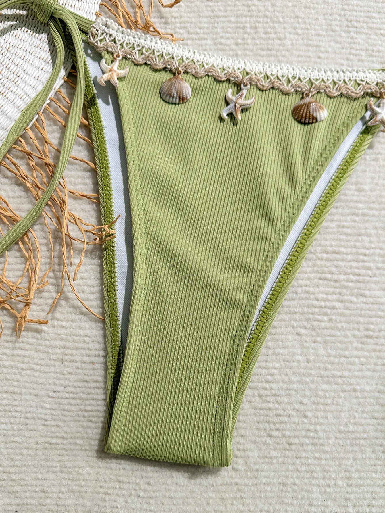 Shell Decoration Ribbed Halter Strappy Bikini Women Swimwear Female Swimsuit Two-pieces Bikini Set Bather Bathing Suit Swim Lady