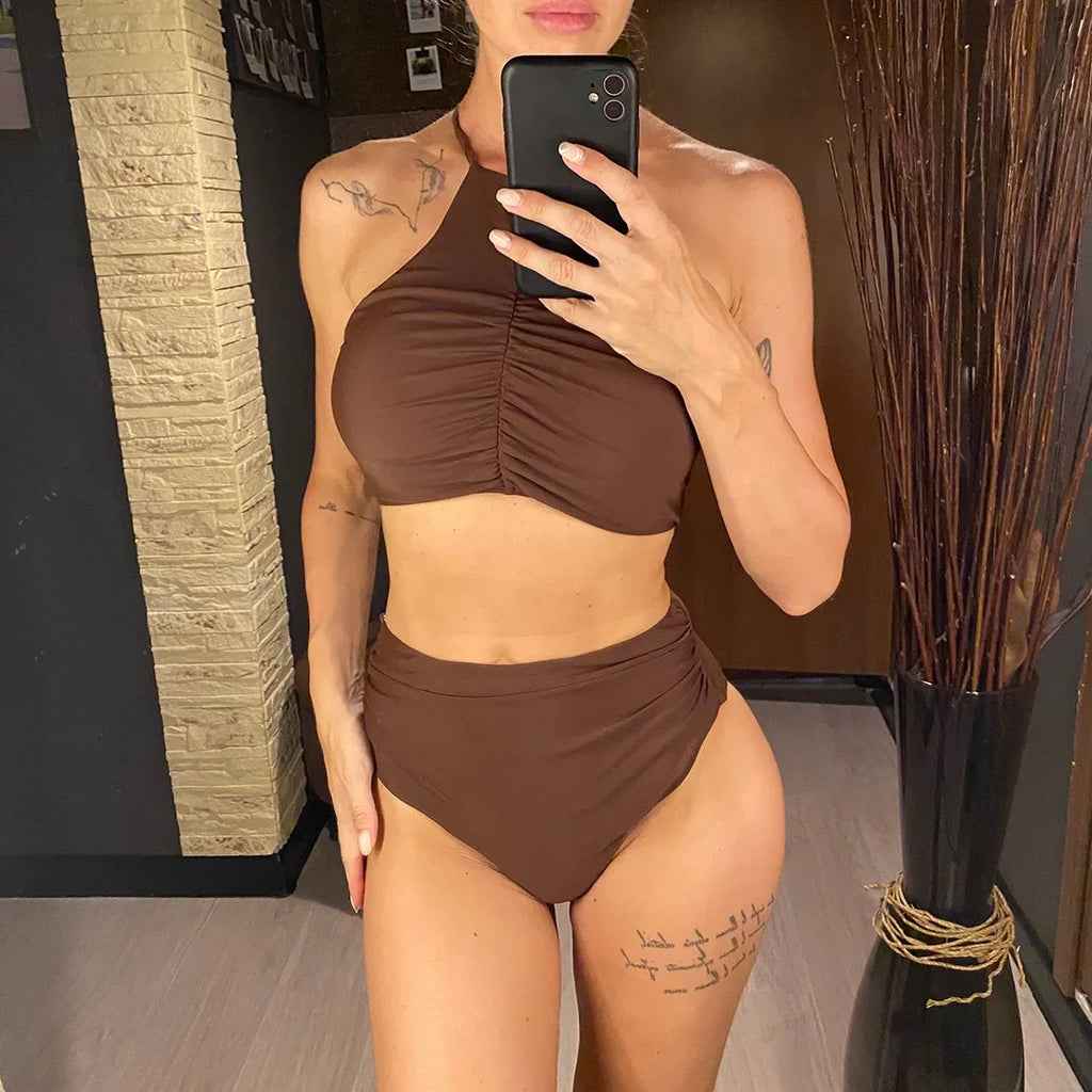 Halter Wrinkled High Neck Female Swimsuit High Waist Bikini Women Swimwear Two-pieces Bikini Set Bather Bathing Suit Swim V5616