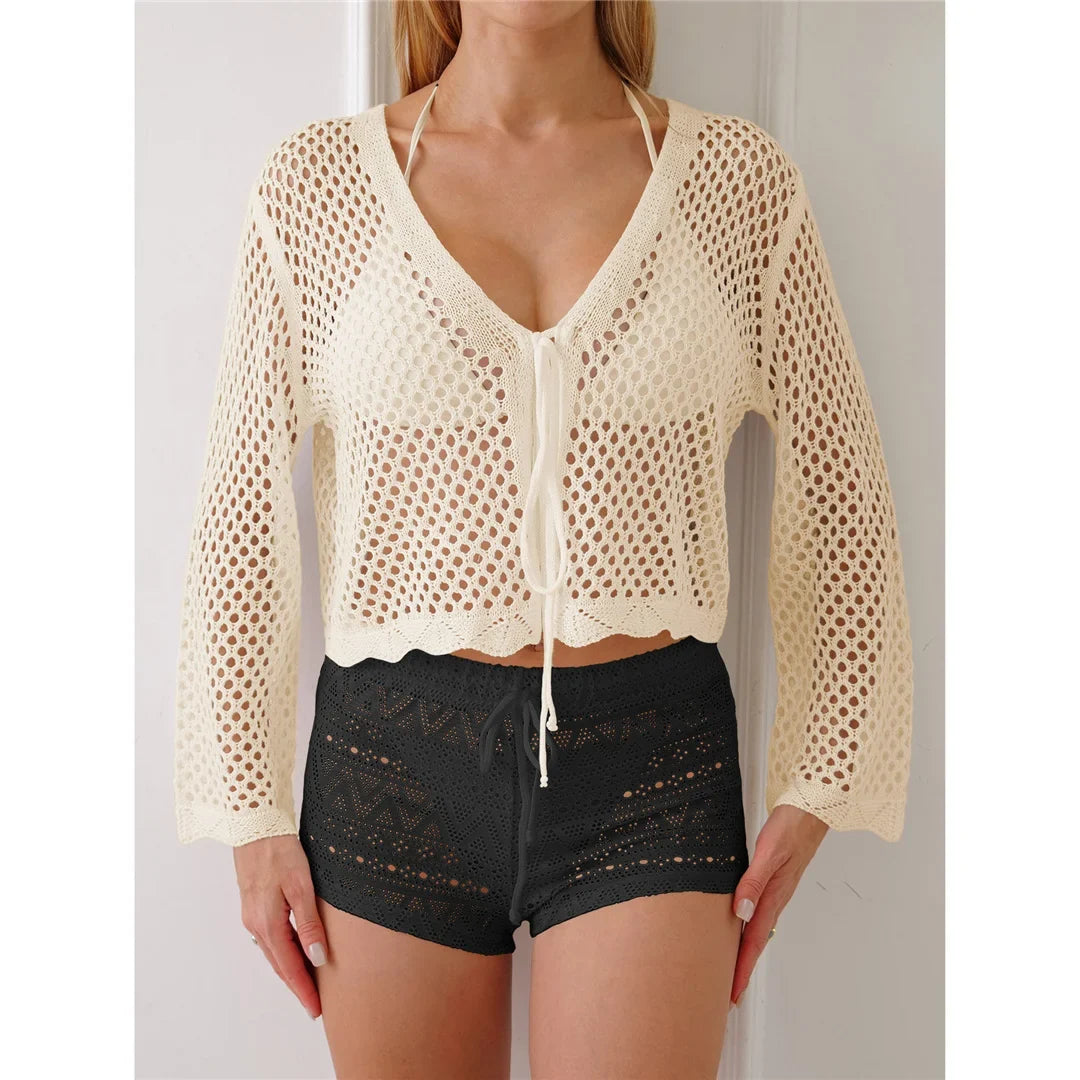 V Neck Long Sleeve Hollow Out Crochet Knitted Tunic Beach Dress Beach Wear Beachwear Beach Cover Up Cover-upsFemale Women V7192