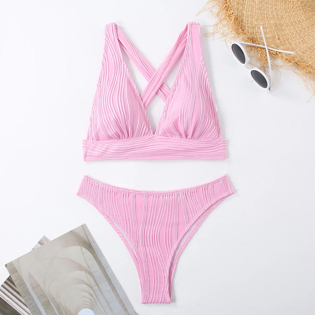Wrinkled Crinkled Cross Back Bikini Women Swimwear Female Swimsuit Two-pieces Bikini Set High Cut Bathing Suit Swim Beach Wear